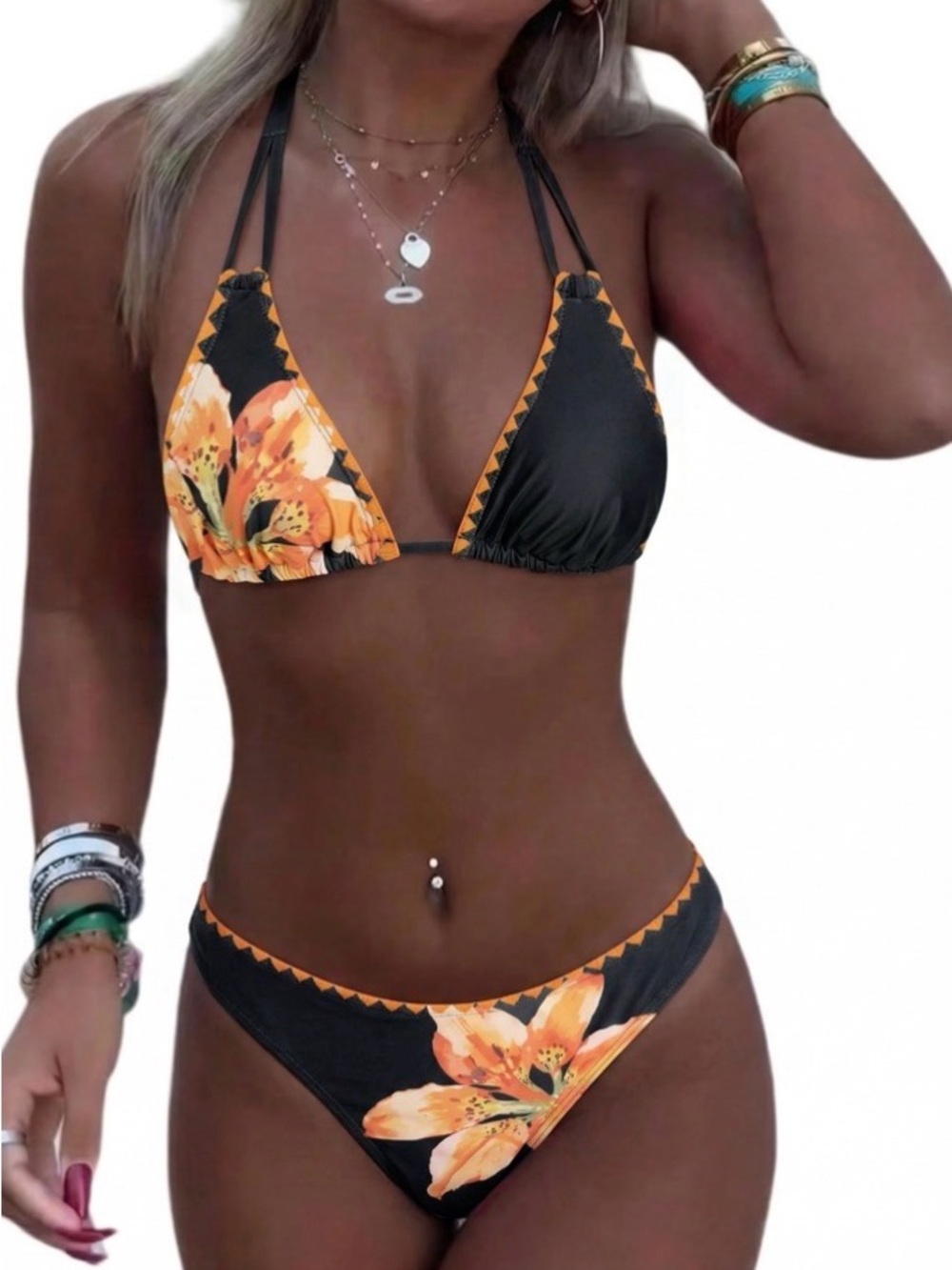 Zaful Black & Orange Floral Triangle Bikini Set